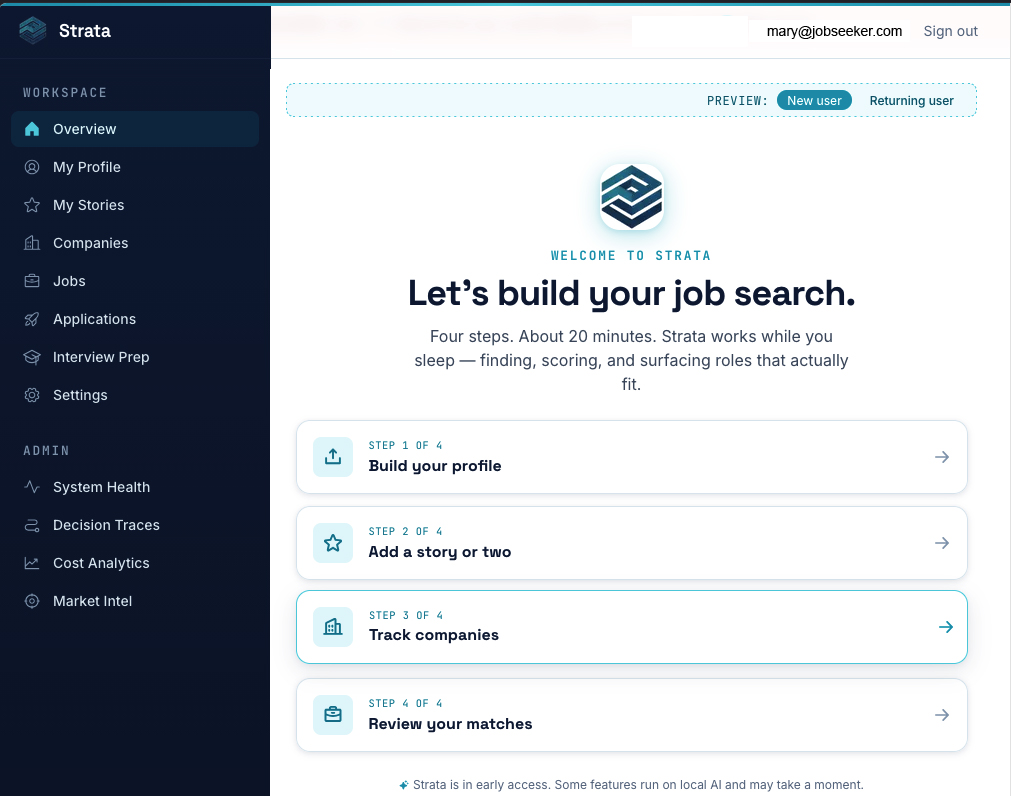 Strata app — onboarding overview showing Build your profile, Add stories, Track companies, and Review matches steps